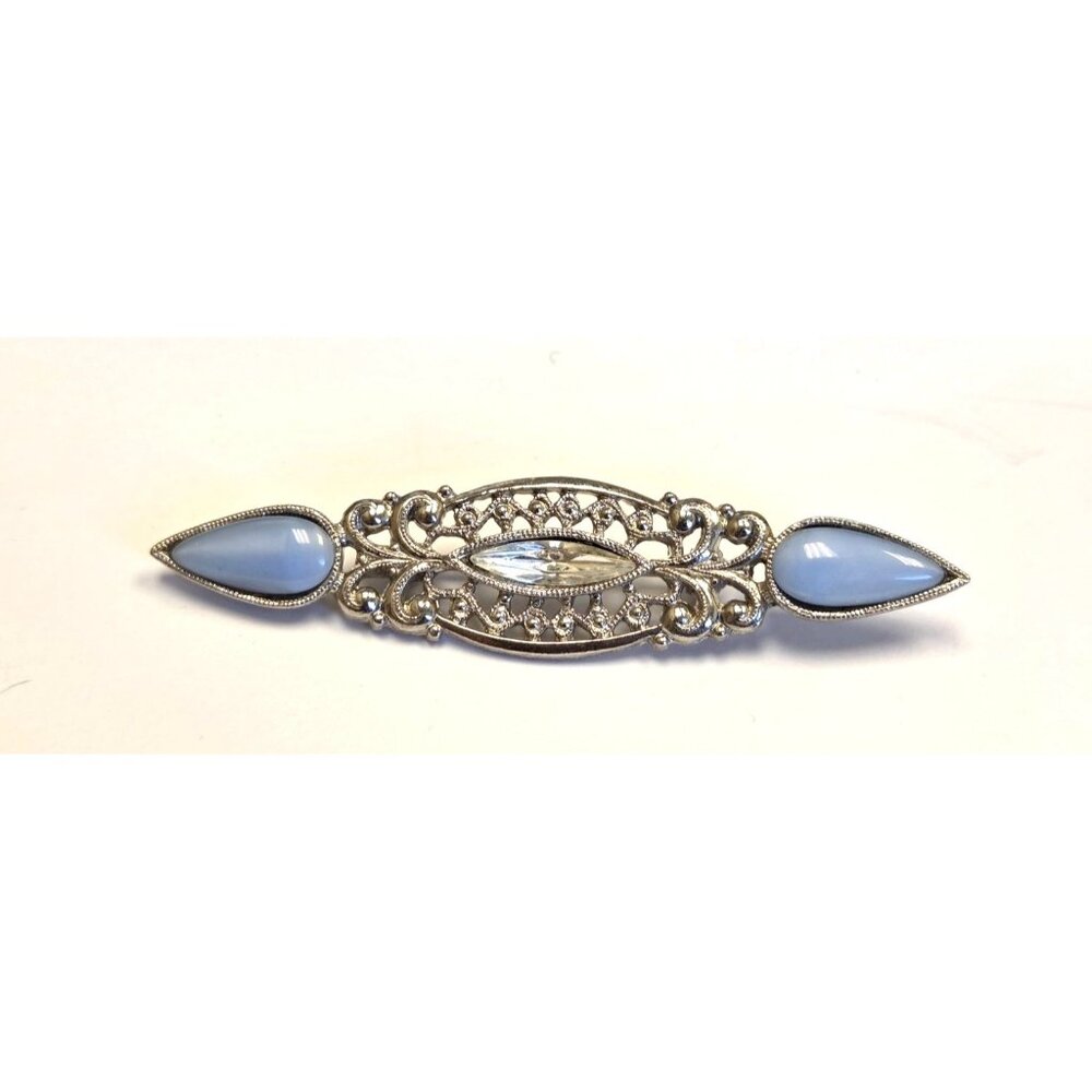 Vintage Silver-Tone Filigree Brooch With Blue Glass Accents & Rhinestone Center